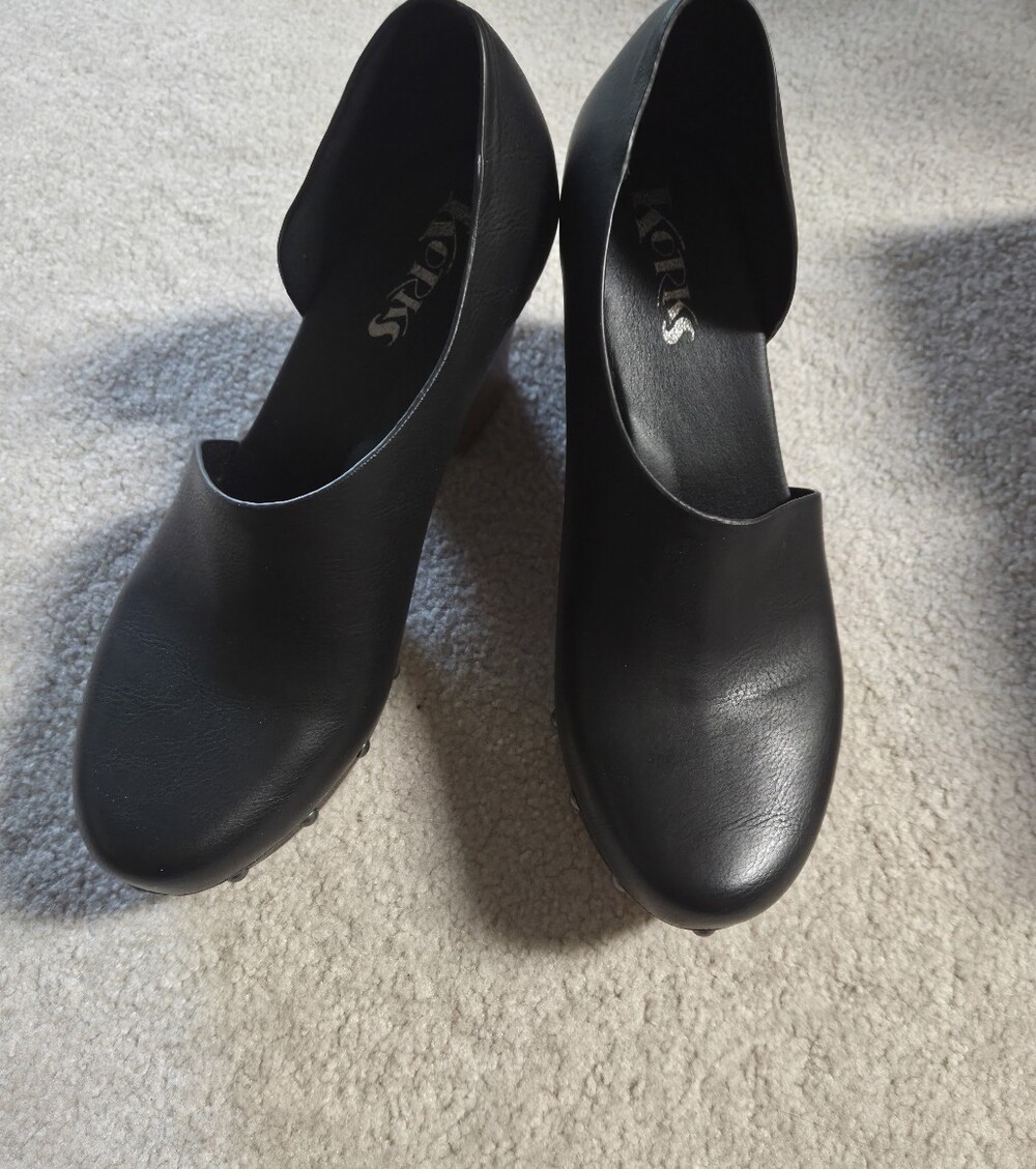 Korks Black Leather Studded Clog Heels - Picture 7 of 8